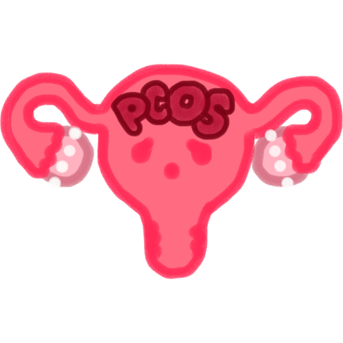 a pink uterus with upset eyes, there’s 4 white cysts on each ovary, above the uterus’ eyes is the letters “PCOS” in red bubble letters